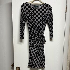 Ralph Lauren Black and White Geometric Celtic Style Knot Pattern Gathered Dress